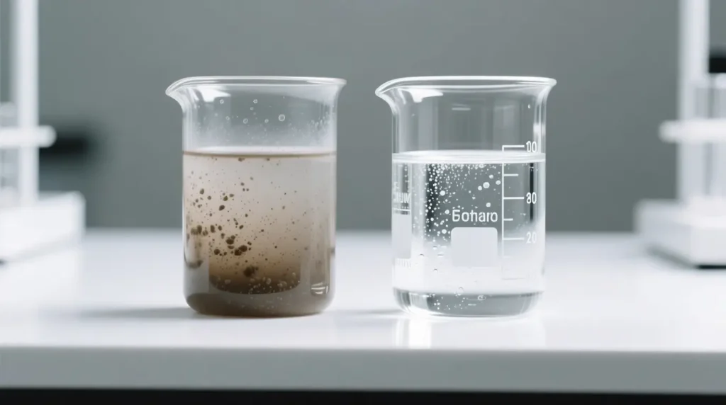 Ilustrasi perbandingan visual yang menunjukkan peran filter air: air baku keruh (kiri) versus air bersih dan jernih (kanan) untuk menjaga kualitas air minum.