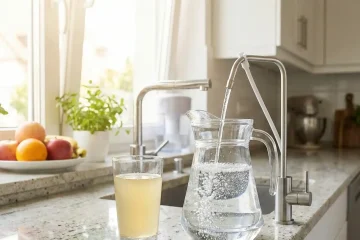 Perbandingan visual air baku yang keruh dengan air bersih jernih hasil penyaringan menggunakan sistem filter air rumah tangga yang efektif di dapur modern.