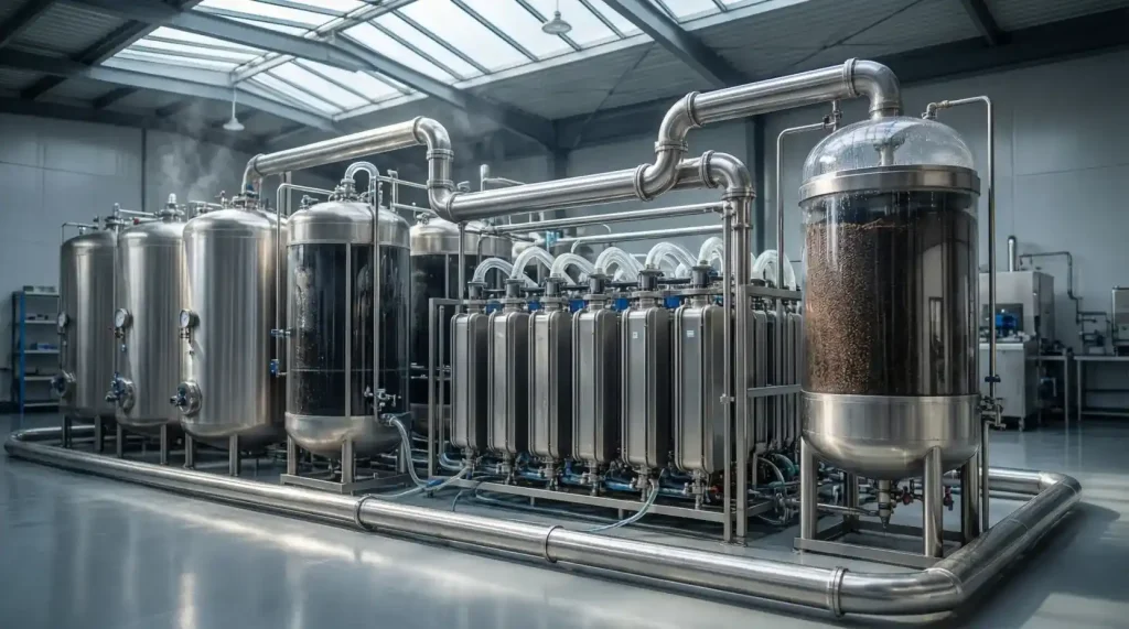 Ilustrasi sistem water treatment industri terdiri dari filtrasi, water softener, dan reverse osmosis