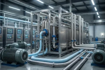 Sistem water treatment industri modern dengan unit reverse osmosis untuk menjaga stabilitas air proses produksi pabrik
