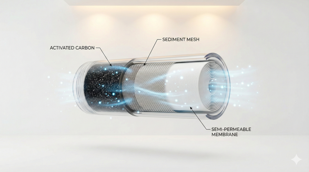 Tampilan teknis cara kerja filter air yang menunjukkan air melewati lapisan karbon, mesh penyaring, dan membran.