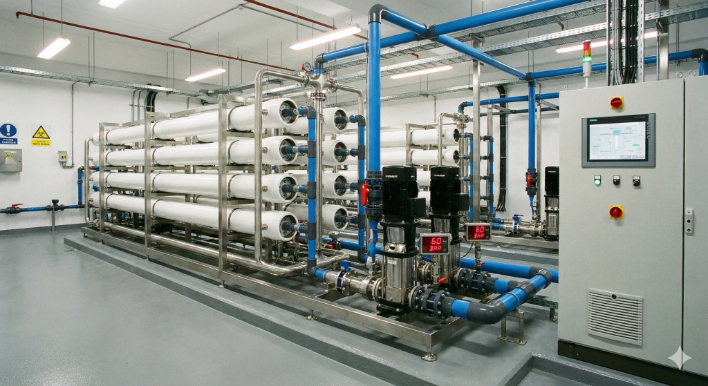 Foto interior ruang mesin sistem SWRO hotel yang bersih dan terang, menampilkan dua baris tabung membran RO putih di atas rangka stainless steel, pompa tekanan tinggi dengan pengukur digital merah bertuliskan '60 BAR', jaringan pipa PVC biru, dan panel kontrol PLC dengan layar sentuh